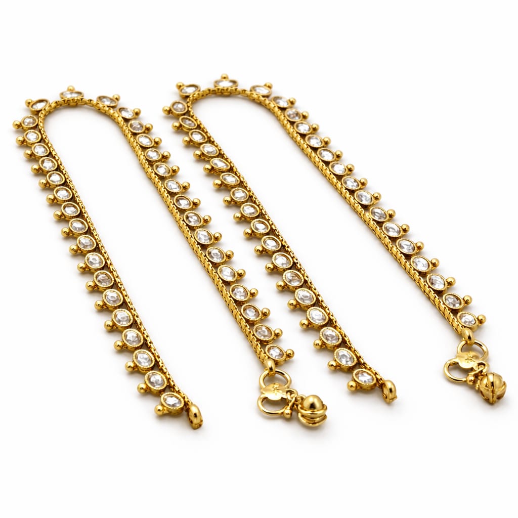 Antique Gold-Finished Polki Stone Anklets