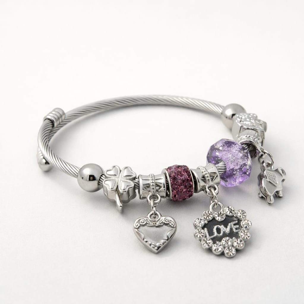 Silver Amethyst Glow "Love" Charm Bangle