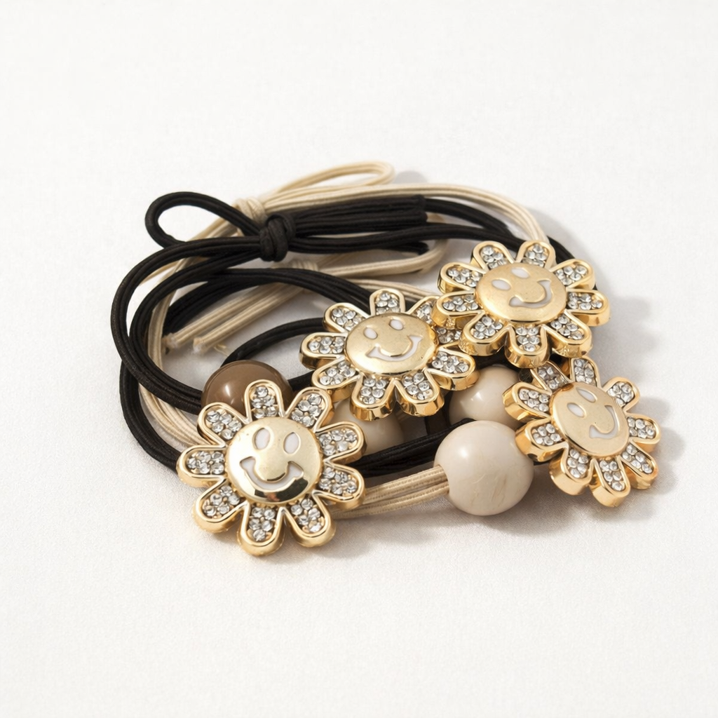 Smiley Flower Crystal Hair Tie Set