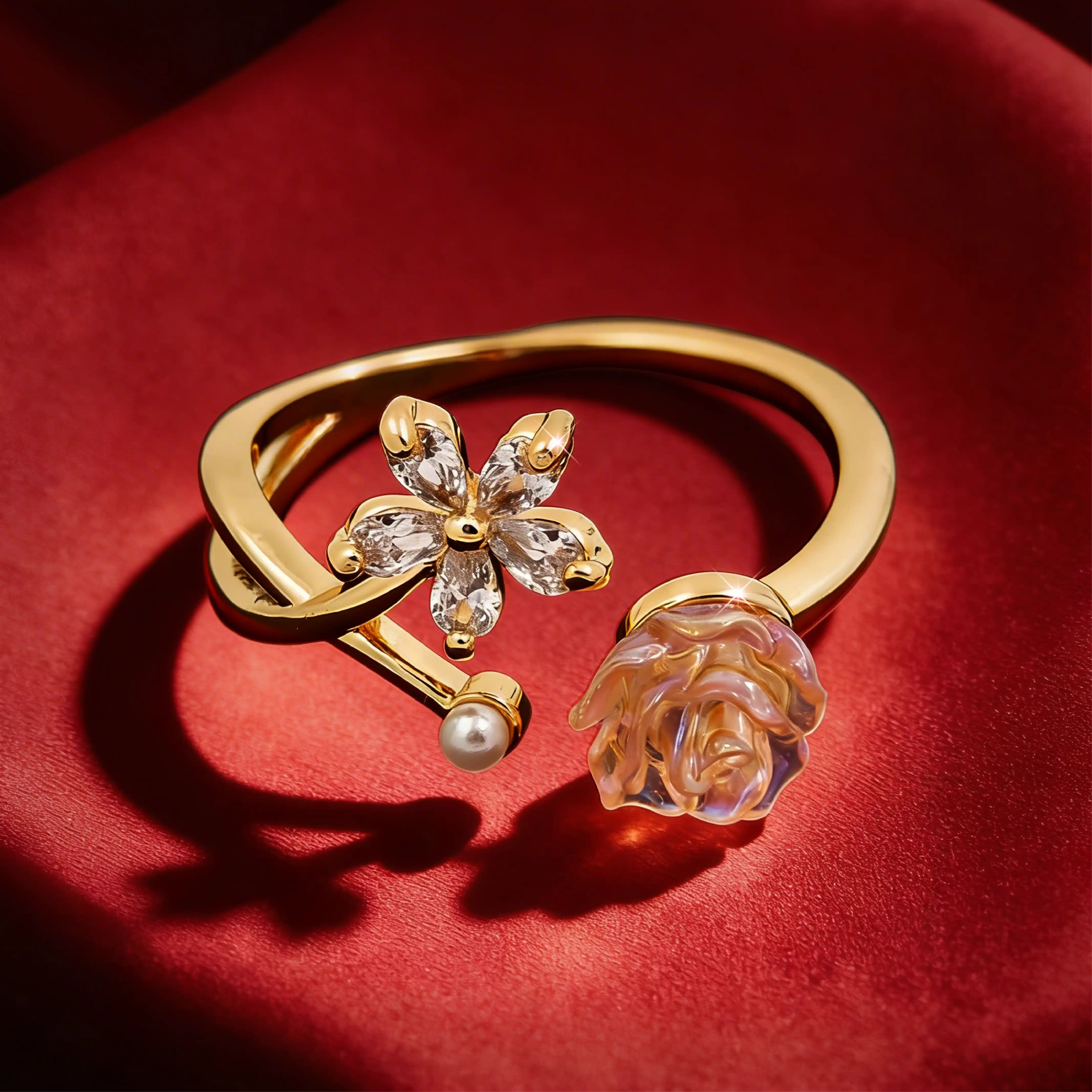 Floral Crystal Accent Adjustable Ring