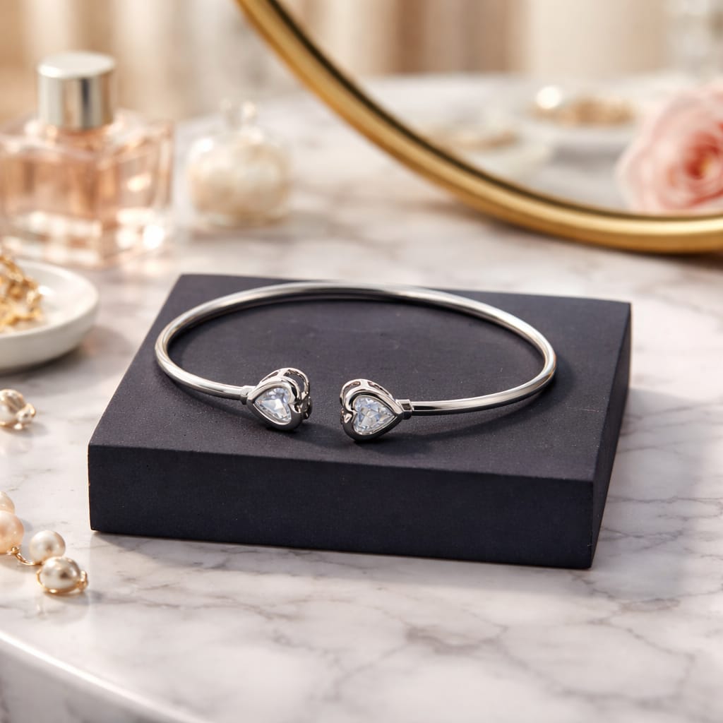 Crystal Heart Open Cuff Bracelet
