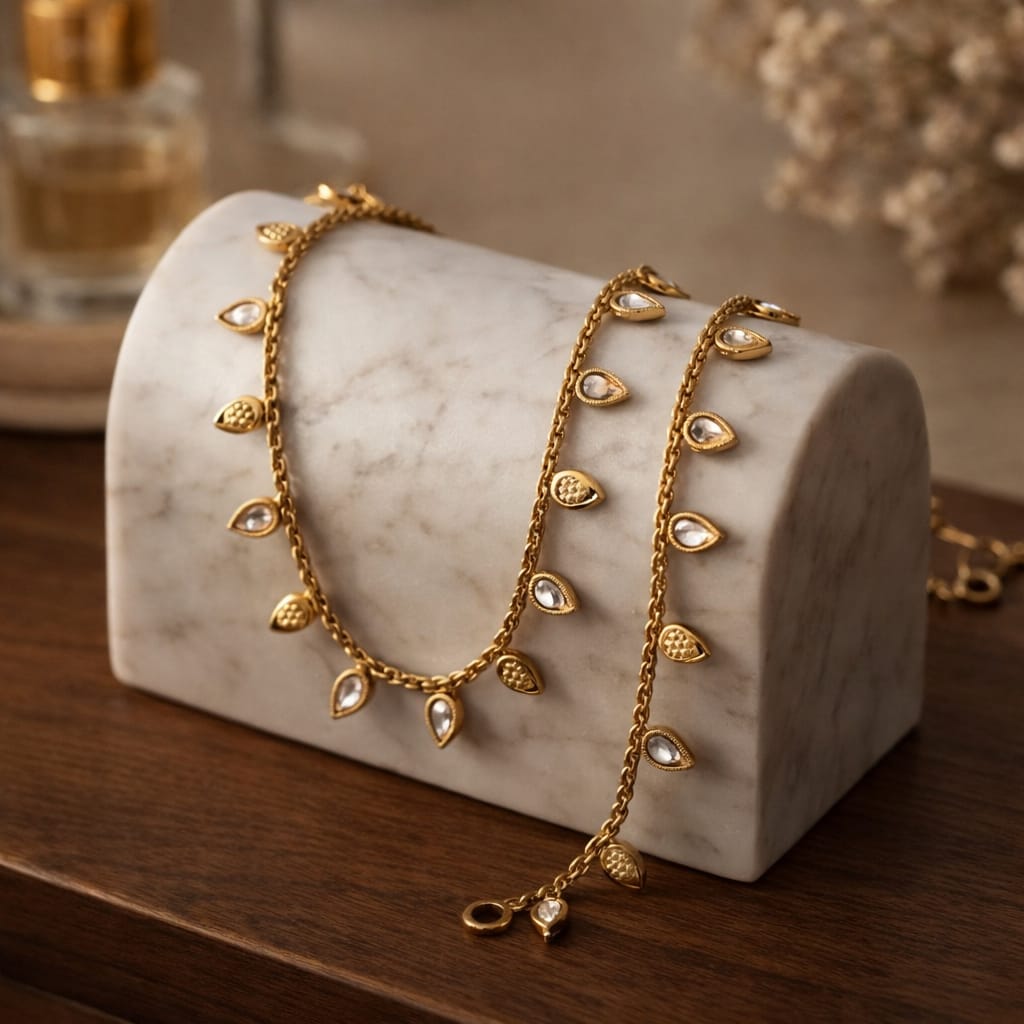 Golden Petal Inlay Statement Anklet Set