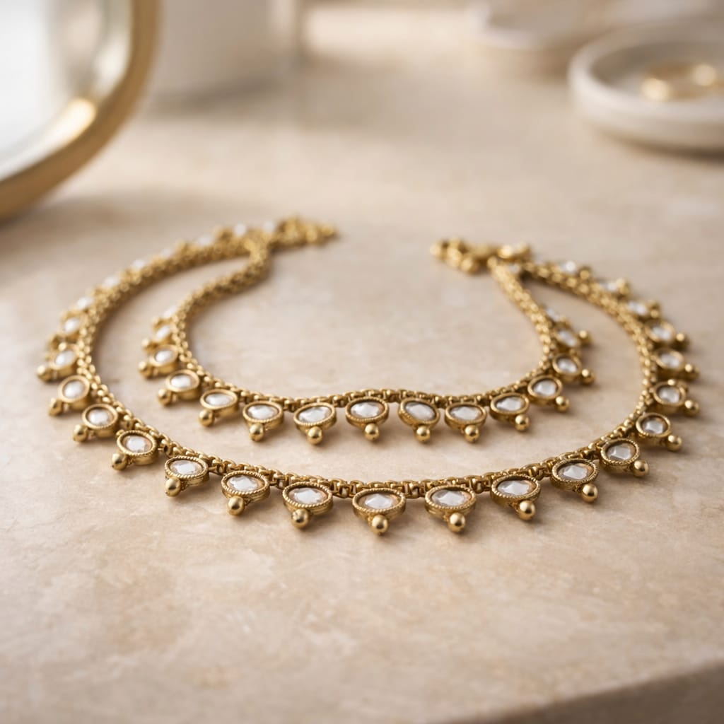 Antique Gold-Finished Polki Stone Anklets