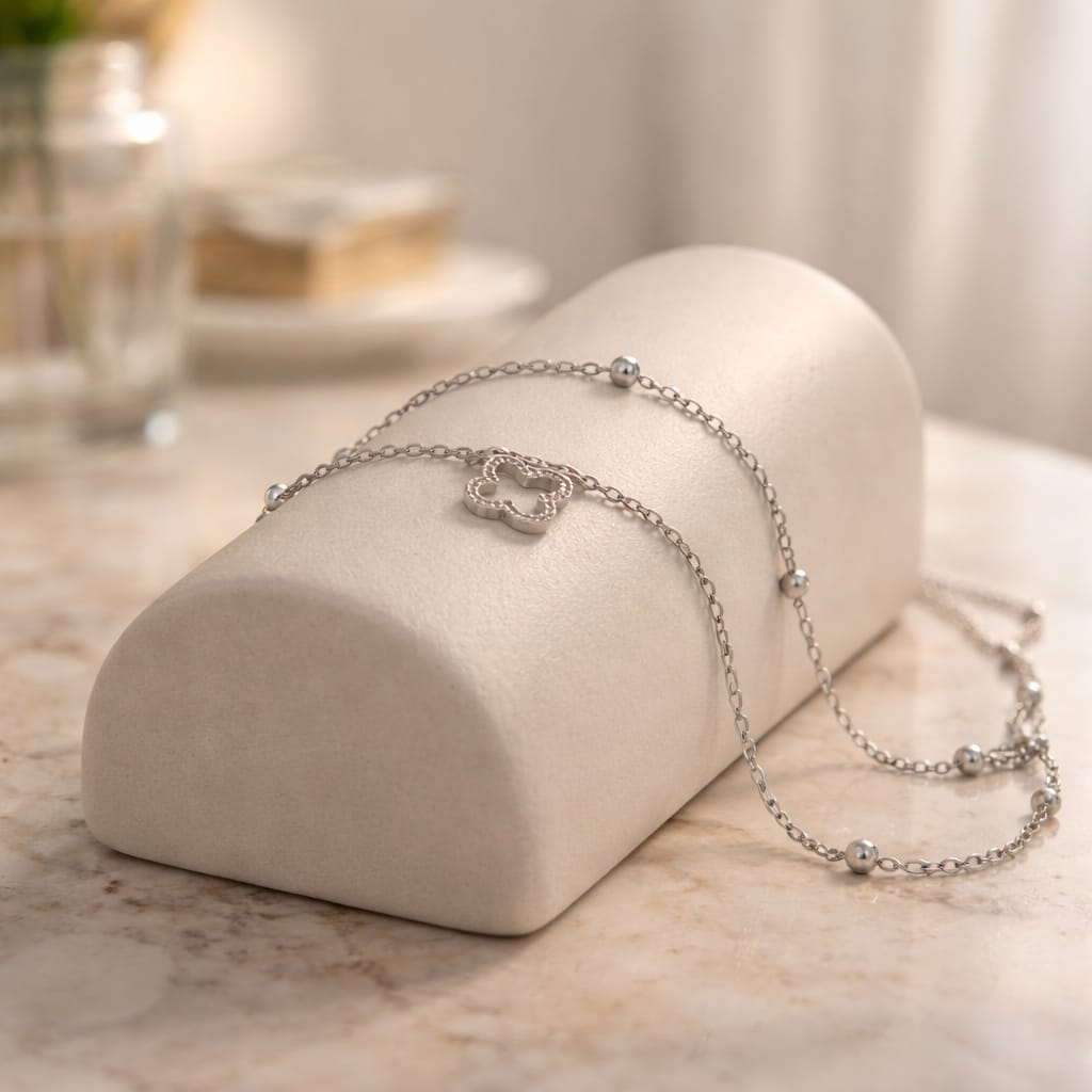 Silver-Tone Layered Clover Sparkle Anklet
