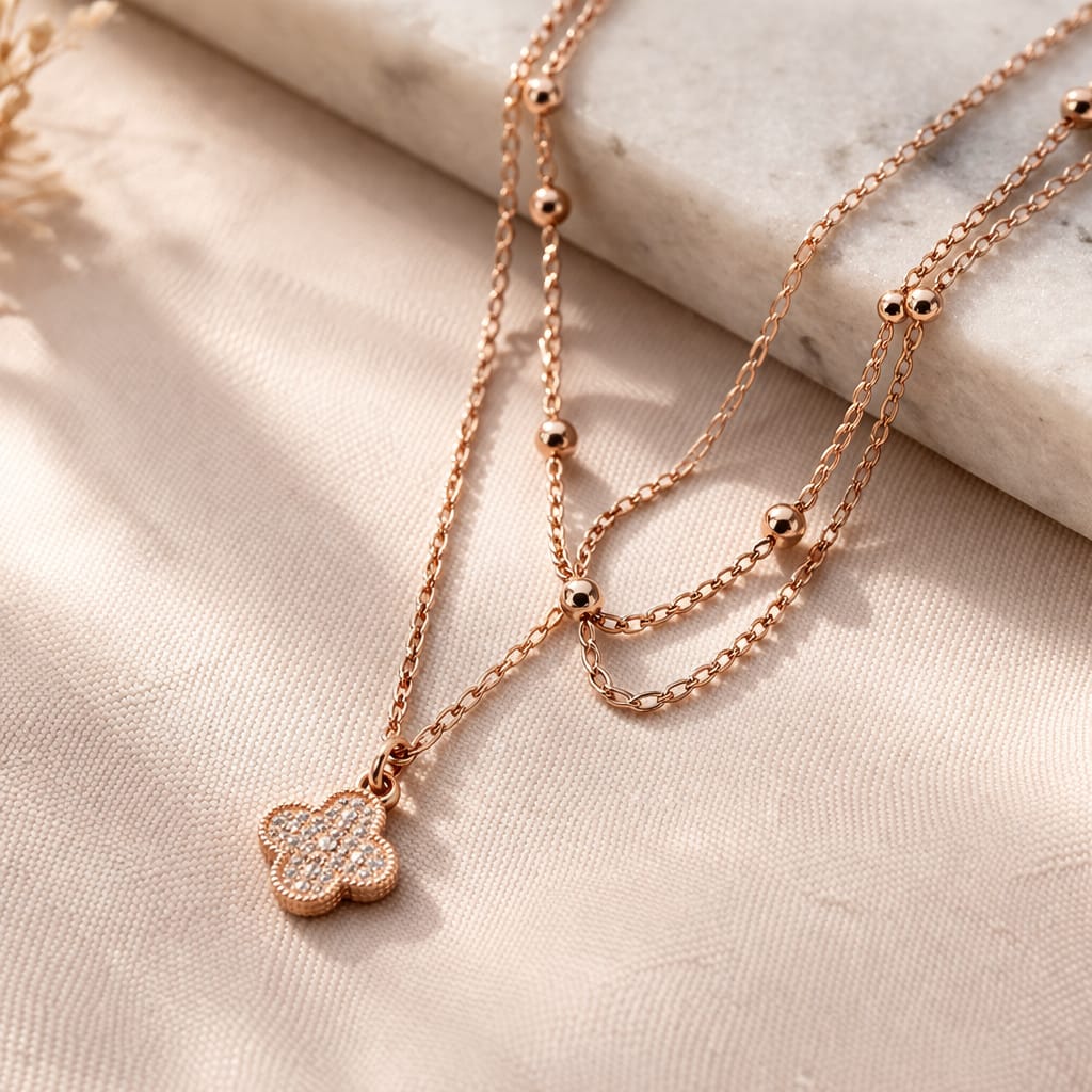 Crystal Clover Layered Rose Gold Anklet