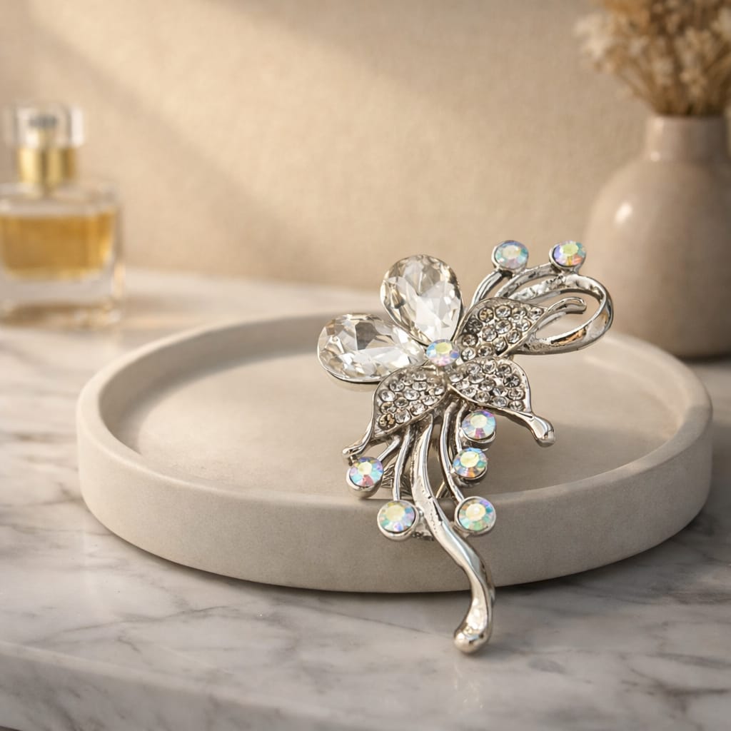 Silver-Toned Crystal Brooch