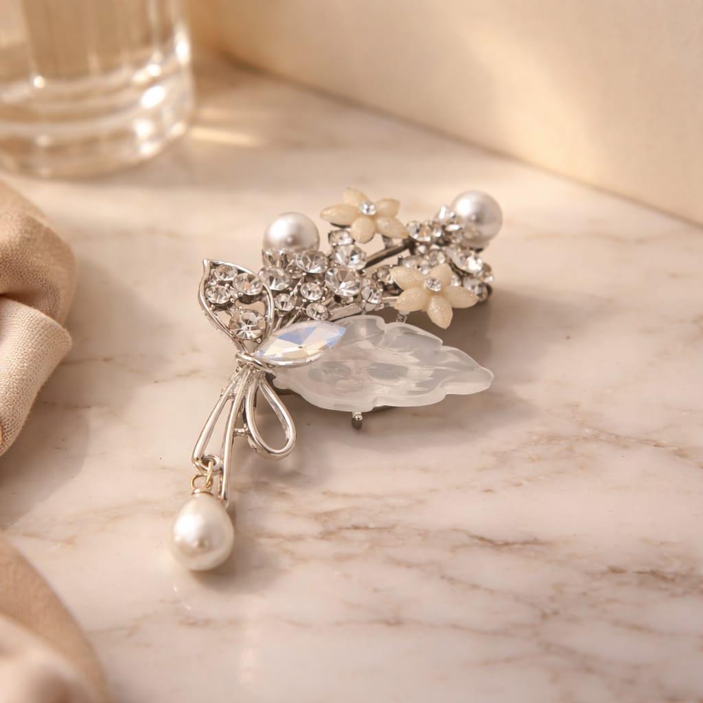 Pearlescent Accents and Crystal Brooch