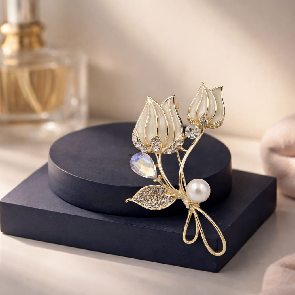 Creamy Enamel and Pearl Accents Brooch