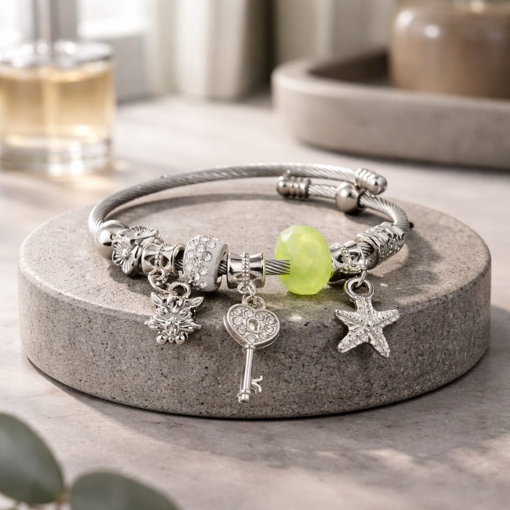 Silver Radiance Key & Starfish Charm Bangle