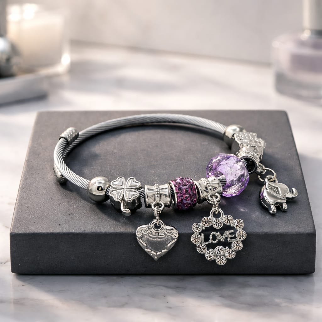 Silver Amethyst Glow "Love" Charm Bangle