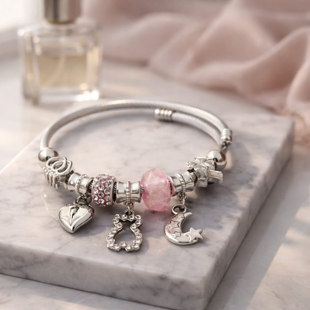 Silver Petal Pink Celestial Bangle