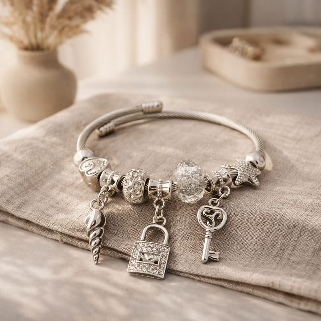 Silver Key Charm Bangle