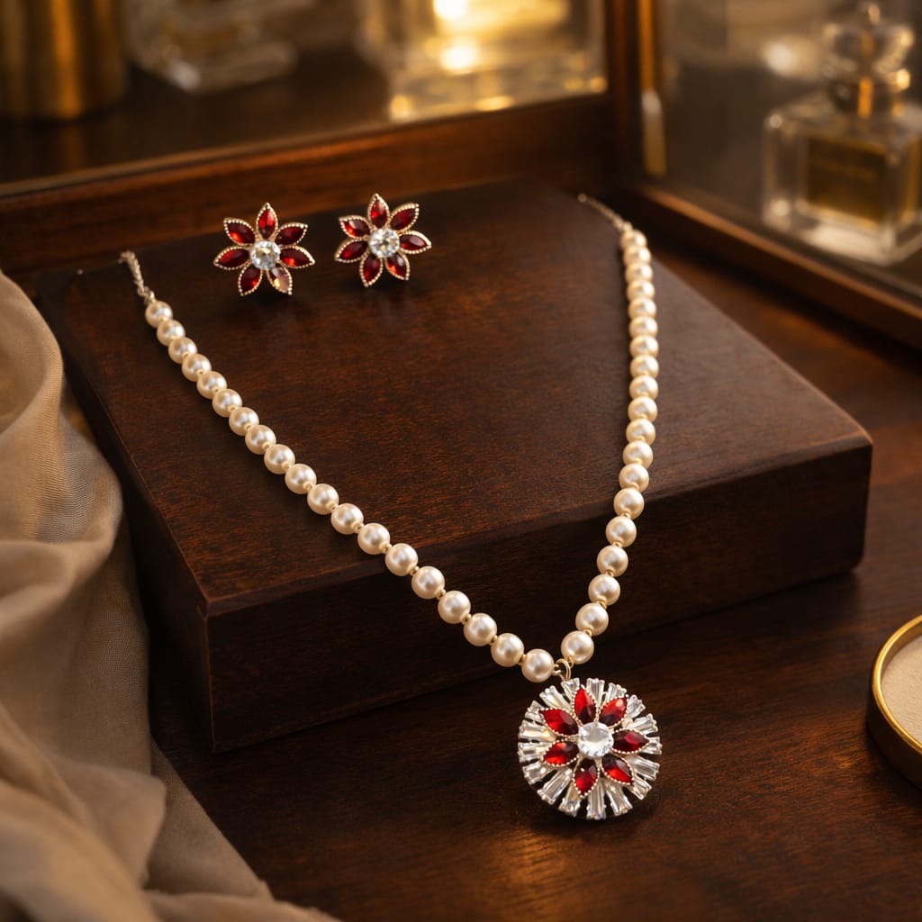 Ruby Bloom Pearl Necklace Set