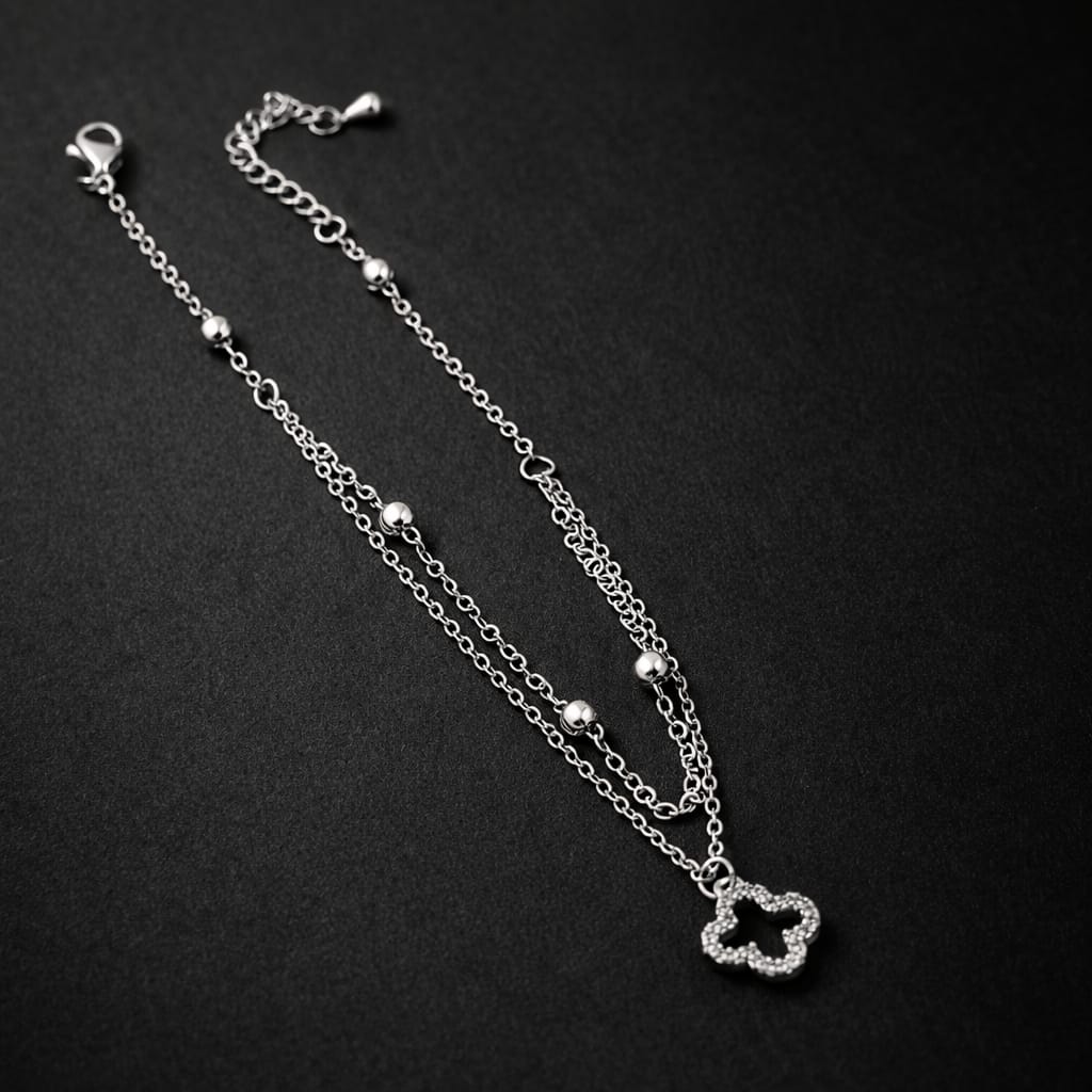 Silver-Tone Layered Clover Sparkle Anklet