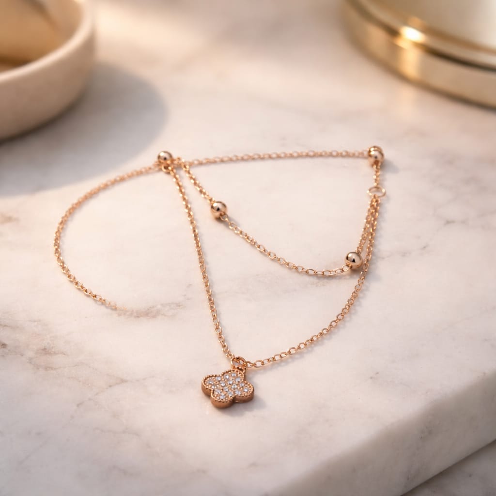 Crystal Clover Layered Rose Gold Anklet