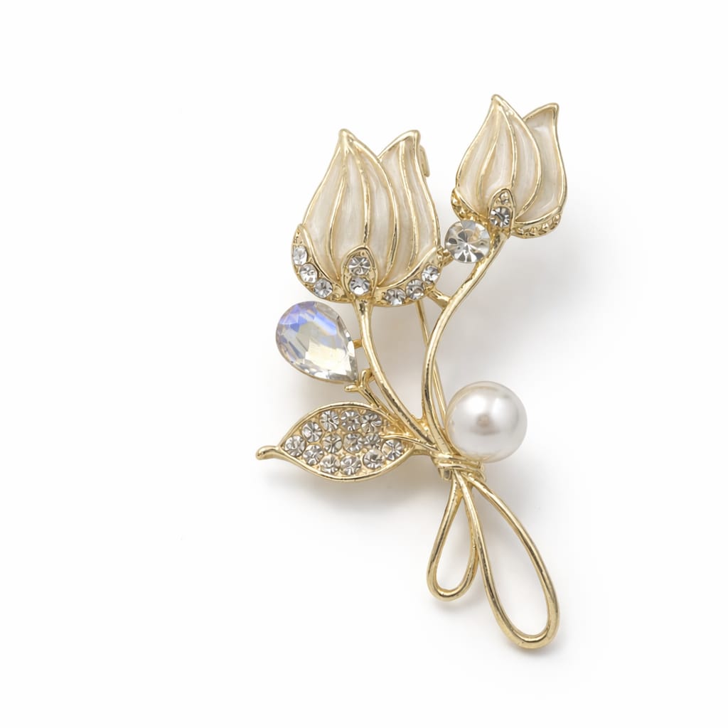 Creamy Enamel and Pearl Accents Brooch