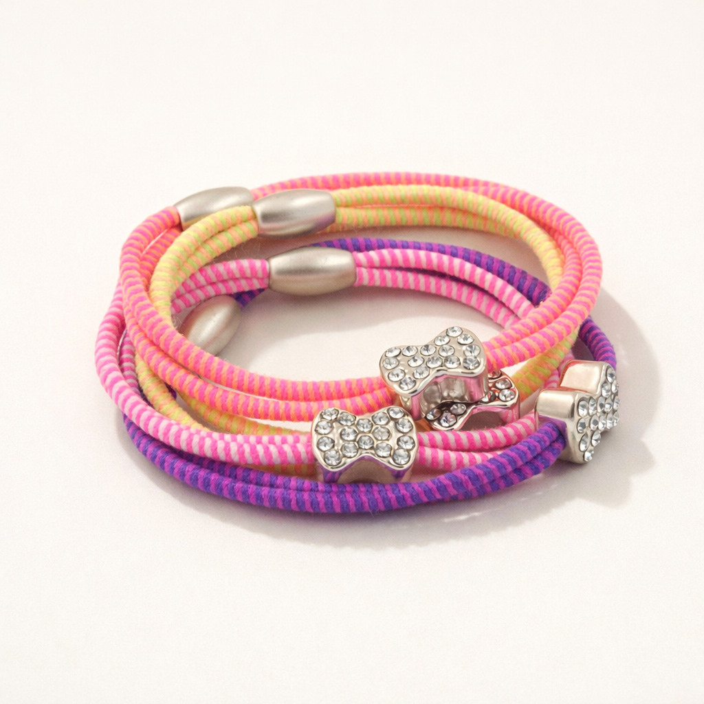 Rhinestone Charm Striped Hair Tie Set