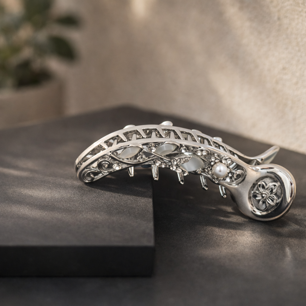 Silver Moon Pearl Filigree Banana Clip