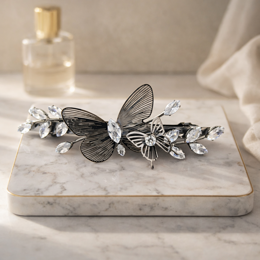 Midnight Silver Butterfly Crystal Vine Barrette