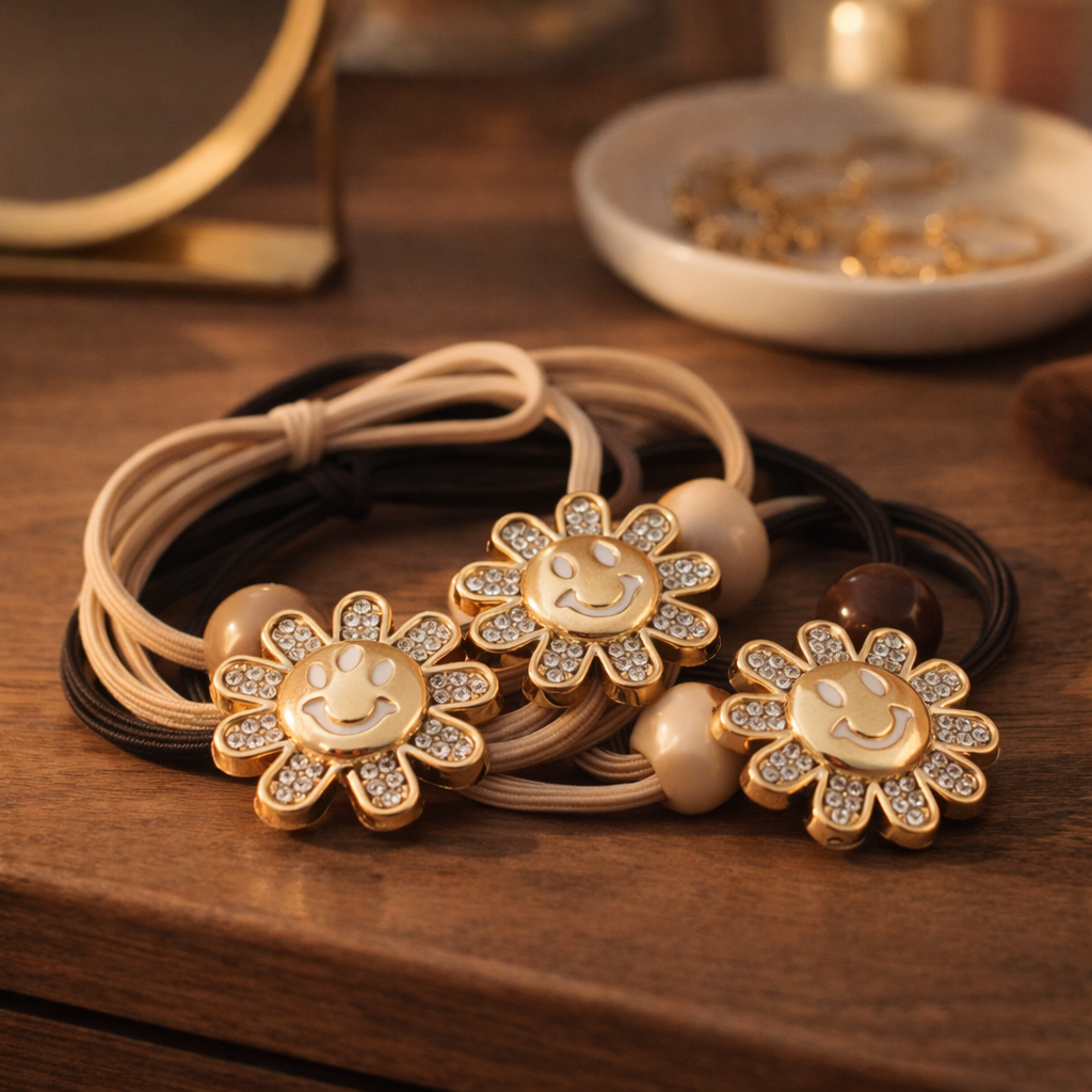 Smiley Flower Crystal Hair Tie Set