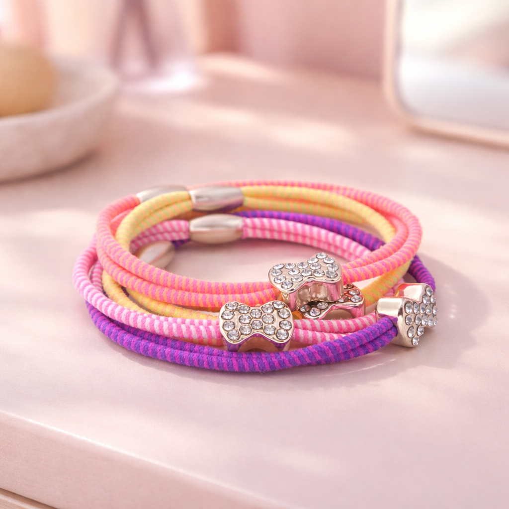 Rhinestone Charm Striped Hair Tie Set