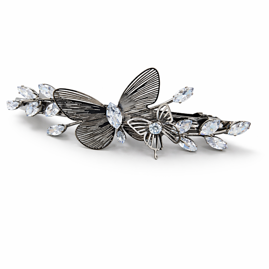 Midnight Silver Butterfly Crystal Vine Barrette